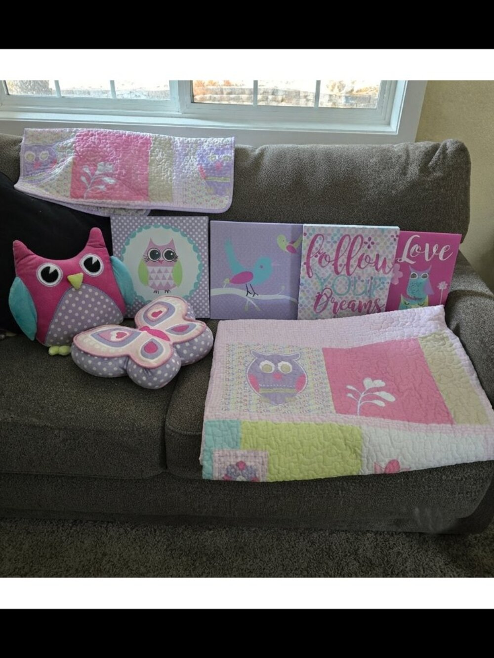 Full owl bedroom set quilted blanket, canvas wood framed pictures, sham, pillows